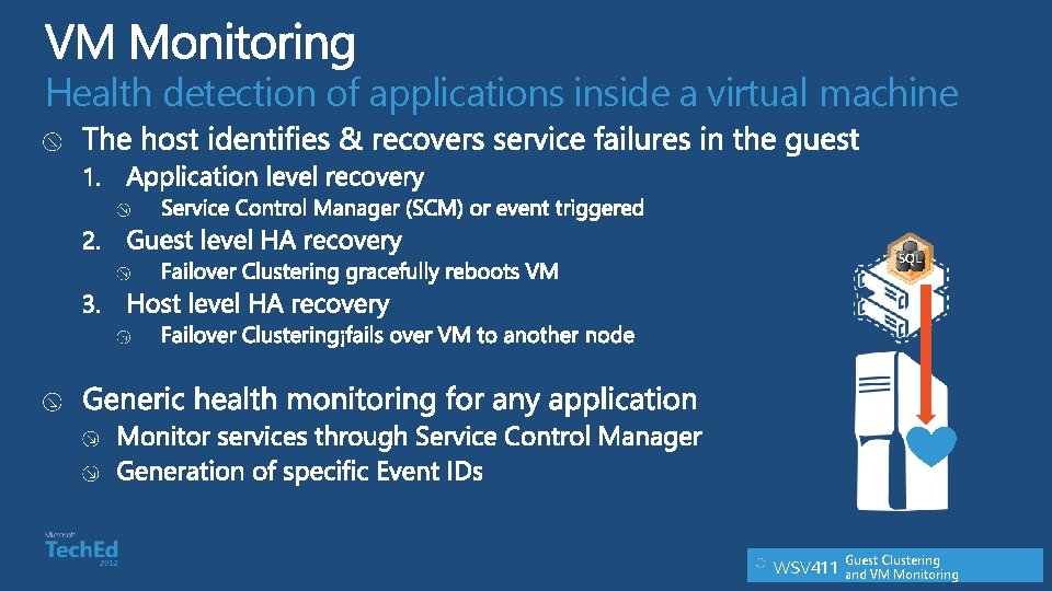 Health detection of applications inside a virtual machine WSV 411 Guest Clustering and VM