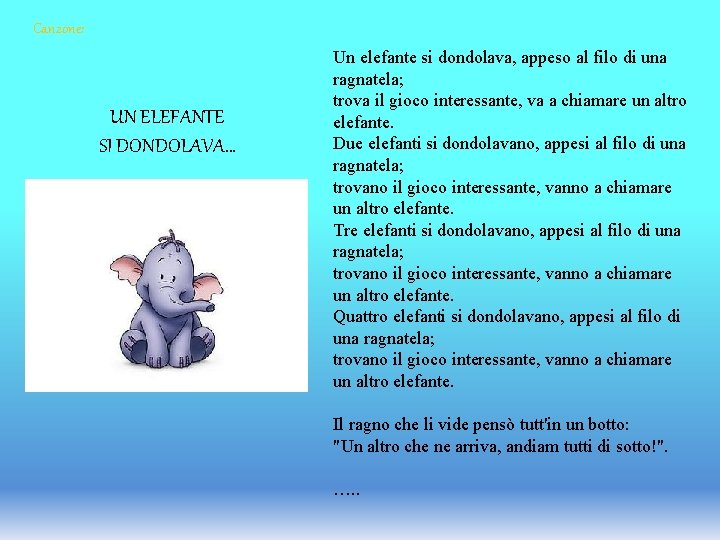 Canzone: UN ELEFANTE SI DONDOLAVA… Un elefante si dondolava, appeso al filo di una