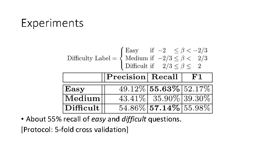 Experiments • About 55% recall of easy and difficult questions. [Protocol: 5 -fold cross Experiments • About 55% recall of easy and difficult questions. [Protocol: 5 -fold cross