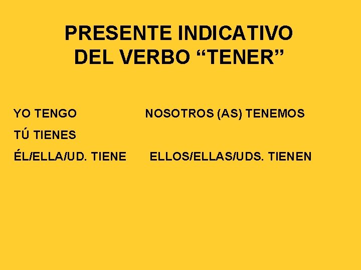 PRESENTE INDICATIVO DEL VERBO “TENER” YO TENGO NOSOTROS (AS) TENEMOS TÚ TIENES ÉL/ELLA/UD. TIENE