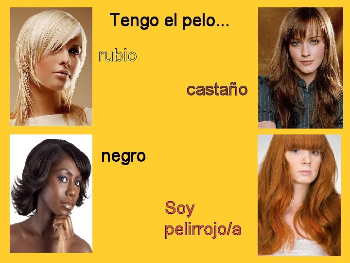 Tengo el pelo. . . rubio castaño negro Soy pelirrojo/a 