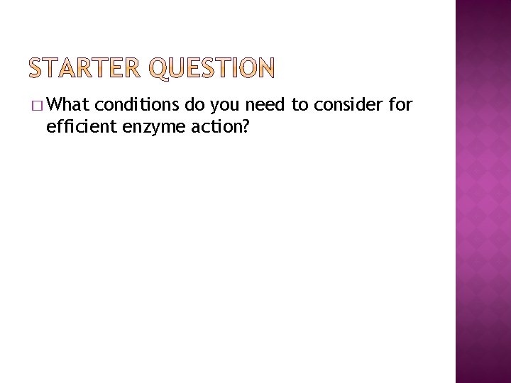 � What conditions do you need to consider for efficient enzyme action? 