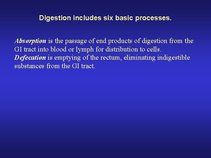 Digestion includes six basic processes. Absorption is the passage of end products of digestion