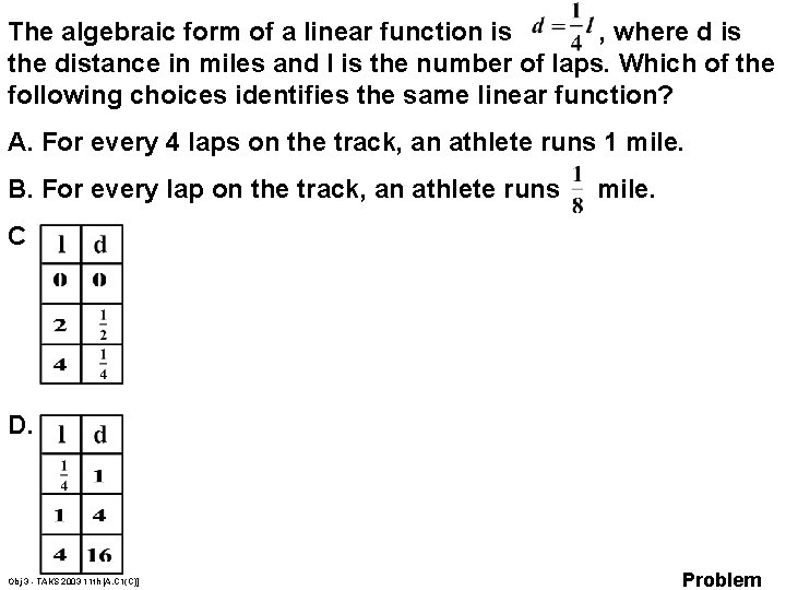 The algebraic form of a linear function is , where d is the distance