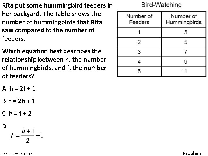 Rita put some hummingbird feeders in her backyard. The table shows the number of