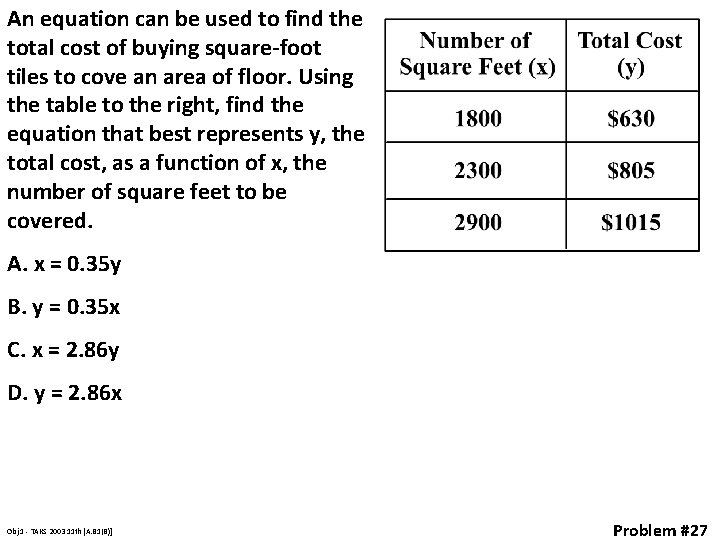 An equation can be used to find the total cost of buying square-foot tiles