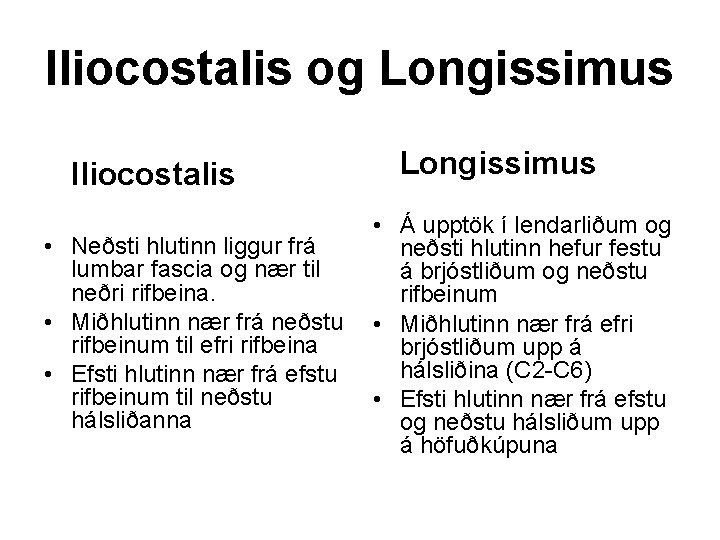 Iliocostalis og Longissimus Iliocostalis • Neðsti hlutinn liggur frá lumbar fascia og nær til