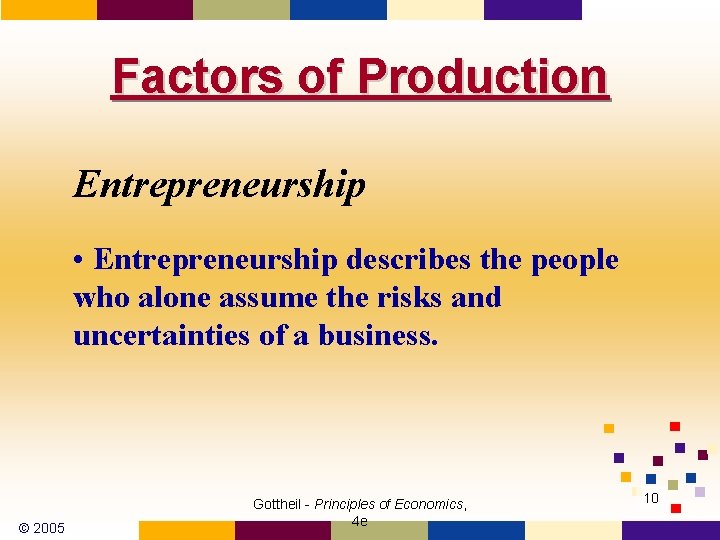 Factors of Production Entrepreneurship • Entrepreneurship describes the people who alone assume the risks