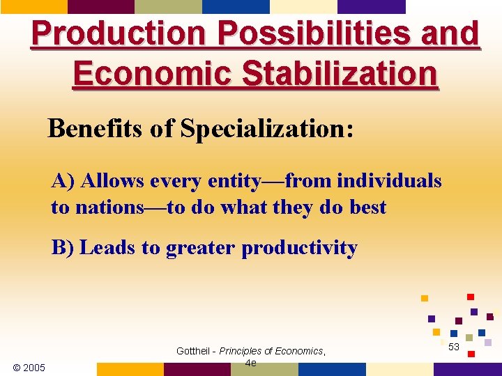 Production Possibilities and Economic Stabilization Benefits of Specialization: A) Allows every entity—from individuals to