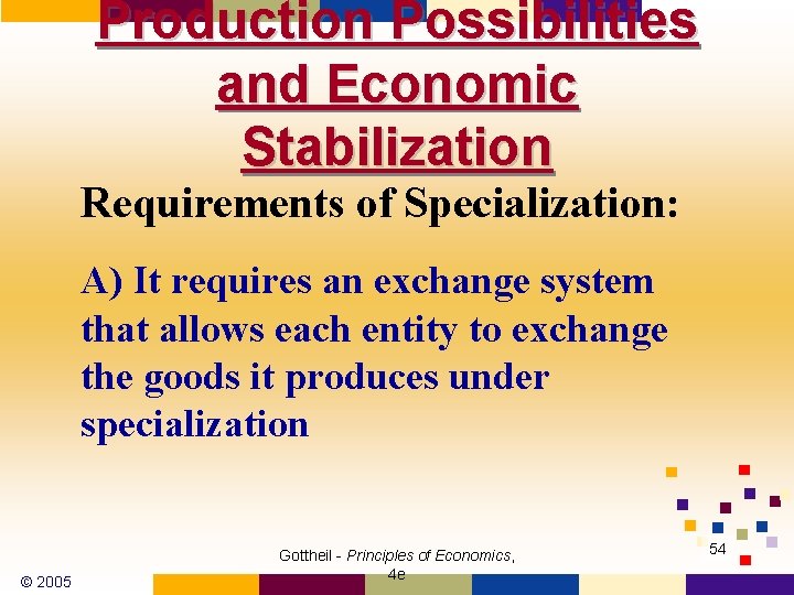 Production Possibilities and Economic Stabilization Requirements of Specialization: A) It requires an exchange system