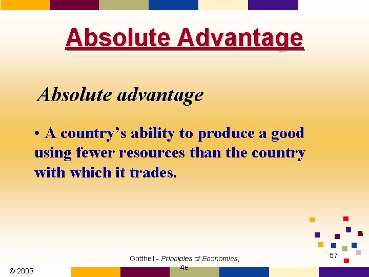 Absolute Advantage Absolute advantage • A country’s ability to produce a good using fewer