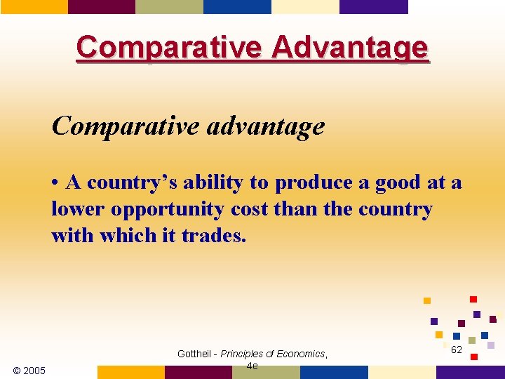 Comparative Advantage Comparative advantage • A country’s ability to produce a good at a