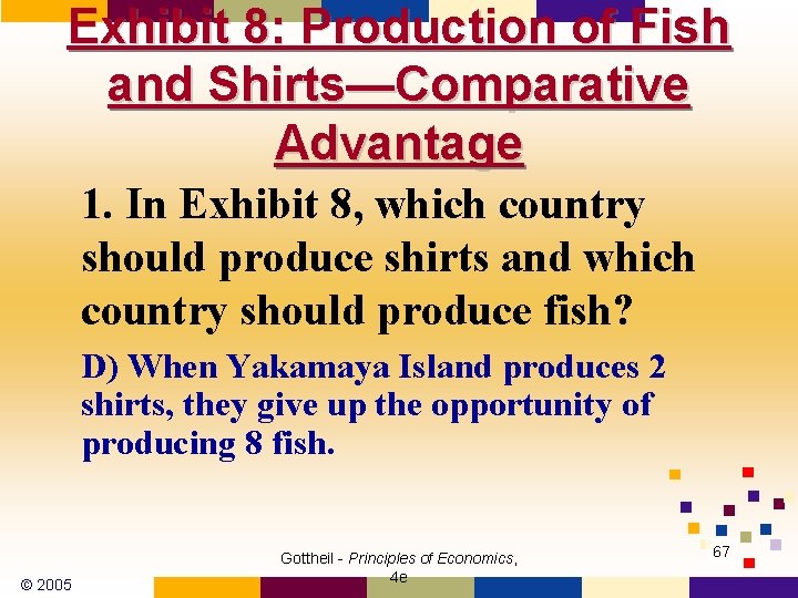 Exhibit 8: Production of Fish and Shirts—Comparative Advantage 1. In Exhibit 8, which country