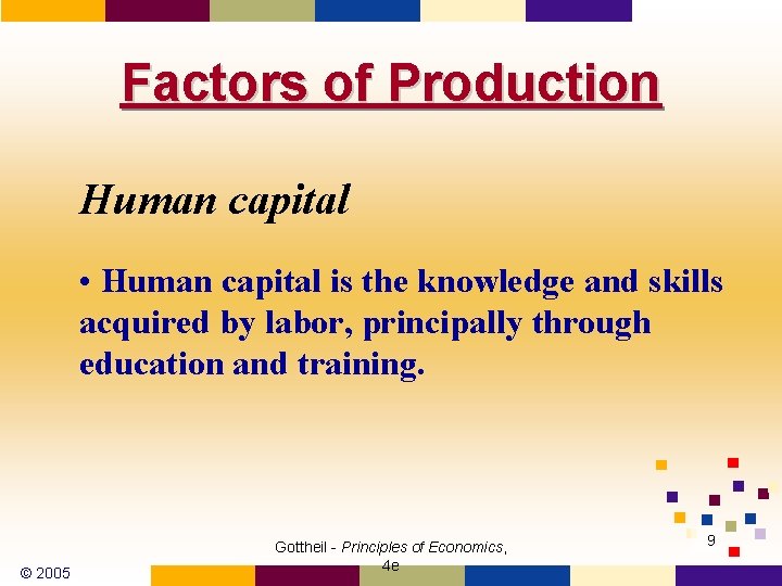 Factors of Production Human capital • Human capital is the knowledge and skills acquired
