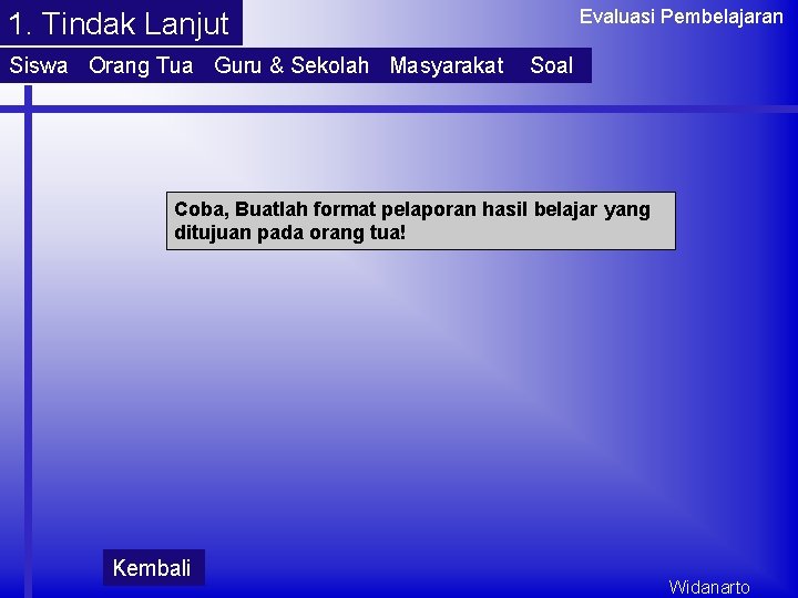 Evaluasi Pembelajaran 1. Tindak Lanjut Siswa Orang Tua Guru & Sekolah Masyarakat Soal Coba,