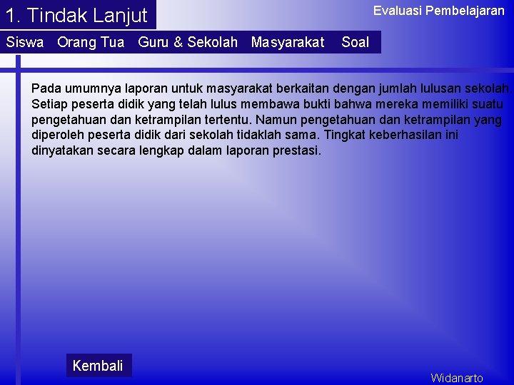 Evaluasi Pembelajaran 1. Tindak Lanjut Siswa Orang Tua Guru & Sekolah Masyarakat Soal Pada