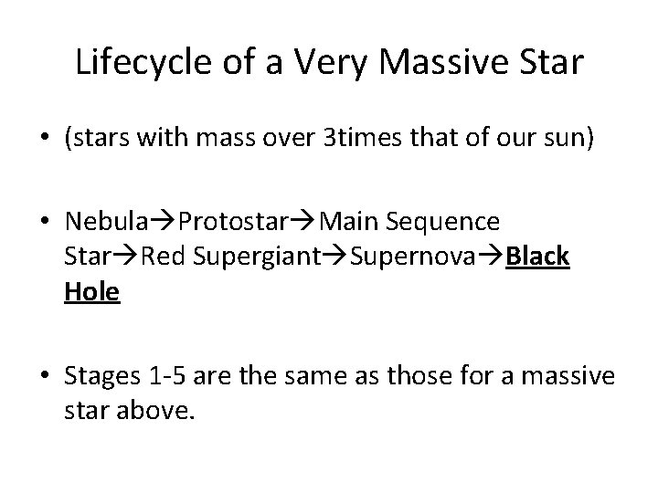 Lifecycle of a Very Massive Star • (stars with mass over 3 times that