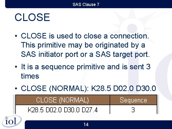 SAS Clause 7 CLOSE • CLOSE is used to close a connection. This primitive