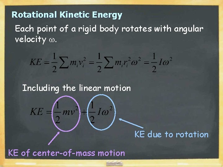Rotational Kinetic Energy Each point of a rigid body rotates with angular velocity w. Rotational Kinetic Energy Each point of a rigid body rotates with angular velocity w.