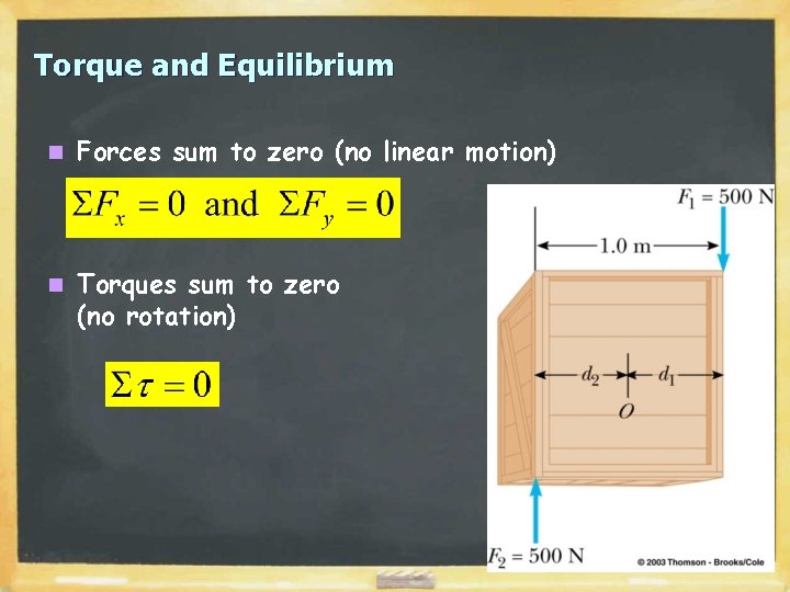 Torque and Equilibrium n Forces sum to zero (no linear motion) n Torques sum Torque and Equilibrium n Forces sum to zero (no linear motion) n Torques sum