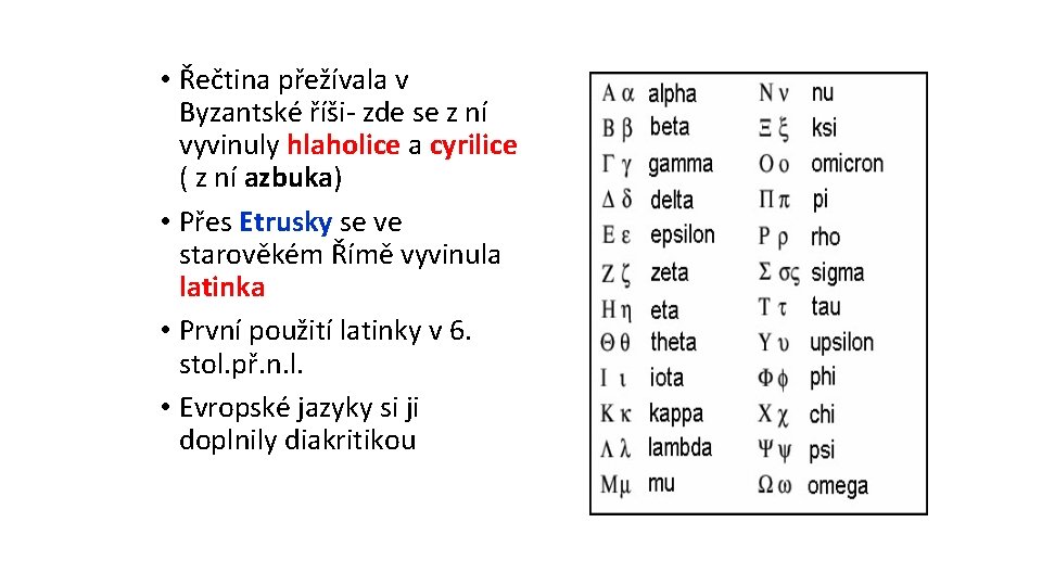  • Řečtina přežívala v Byzantské říši- zde se z ní vyvinuly hlaholice a