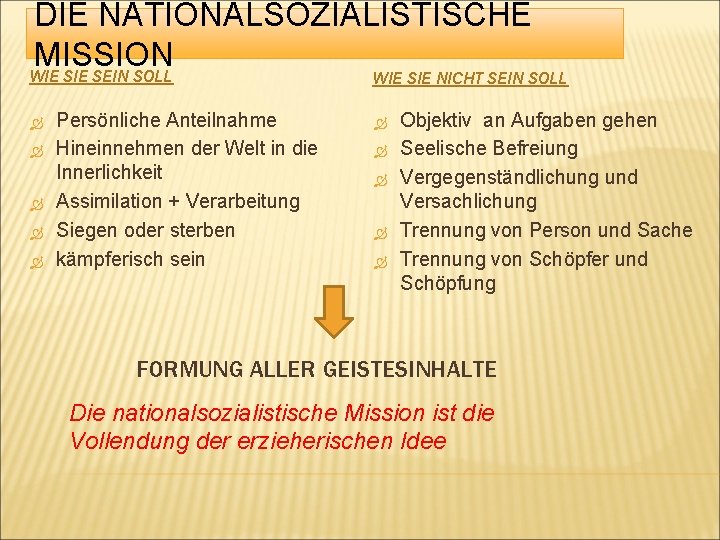 DIE NATIONALSOZIALISTISCHE MISSION WIE SEIN SOLL Persönliche Anteilnahme Hineinnehmen der Welt in die Innerlichkeit