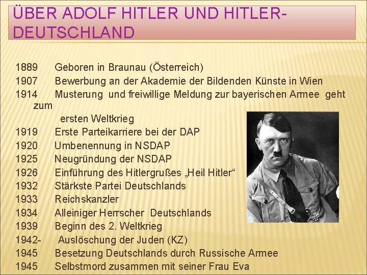 ÜBER ADOLF HITLER UND HITLERDEUTSCHLAND 1889 Geboren in Braunau (Österreich) 1907 Bewerbung an der