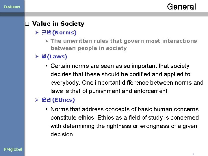 General Customer q Value in Society Ø 규범(Norms) • The unwritten rules that govern