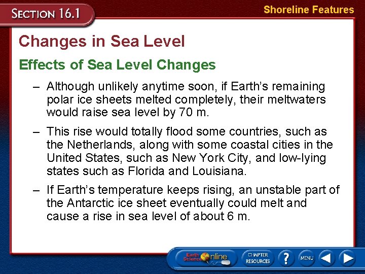 Shoreline Features Changes in Sea Level Effects of Sea Level Changes – Although unlikely