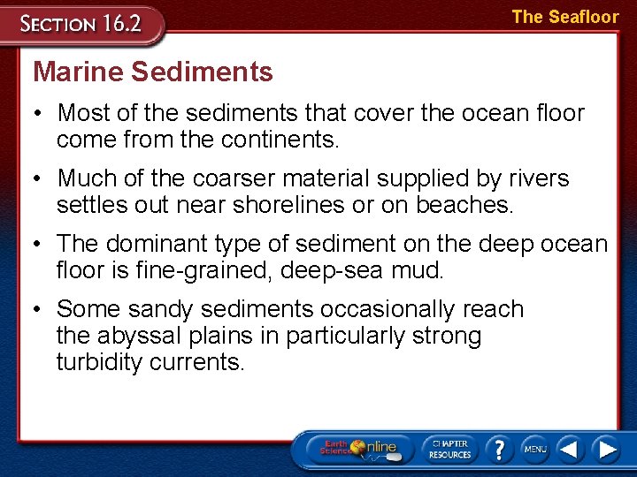 The Seafloor Marine Sediments • Most of the sediments that cover the ocean floor