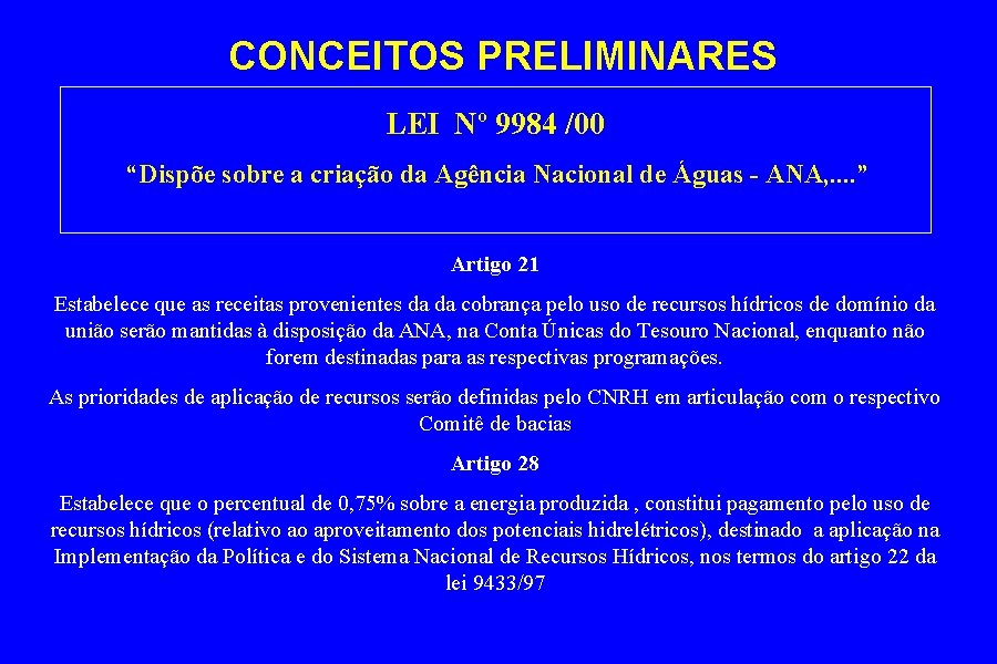 CONCEITOS PRELIMINARES LEI Nº 9984 /00 “Dispõe sobre a criação da Agência Nacional de