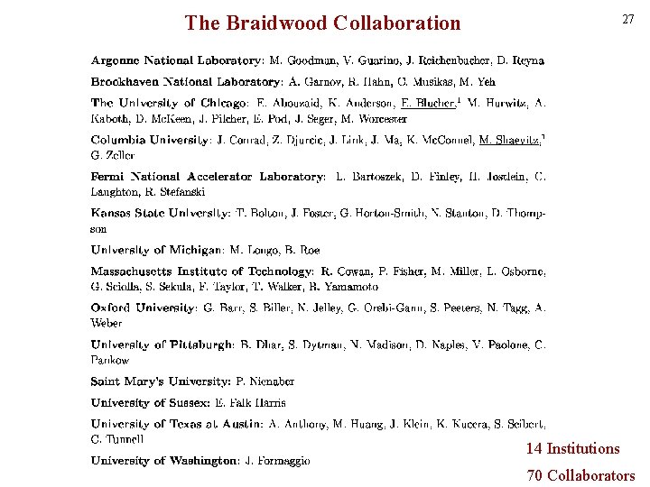 The Braidwood Collaboration 27 14 Institutions 70 Collaborators 