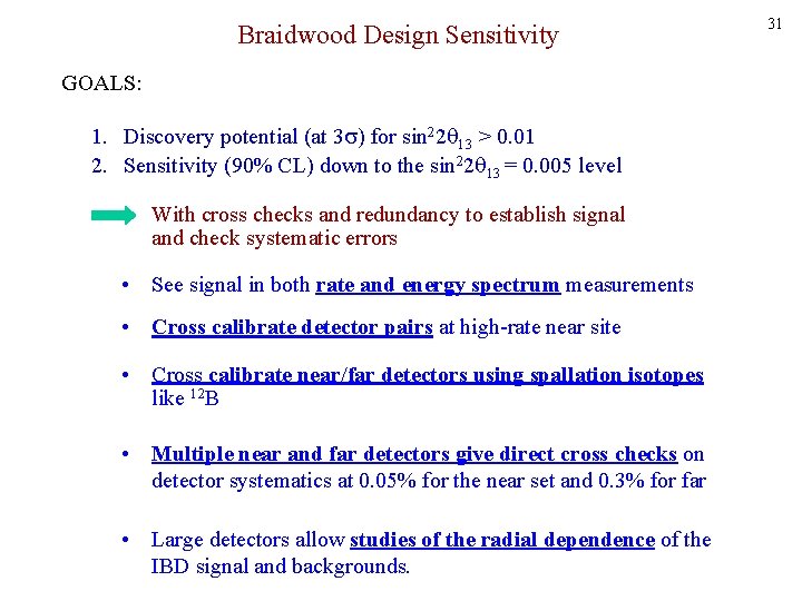 Braidwood Design Sensitivity GOALS: 1. Discovery potential (at 3 ) for sin 22 13