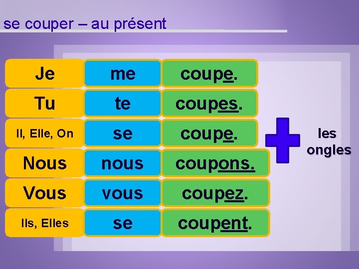 se couper – au présent Je me coupe. Tu te coupes. Il, Elle, On se couper – au présent Je me coupe. Tu te coupes. Il, Elle, On