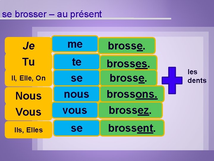 se brosser – au présent me brosse. Il, Elle, On te se brosses. brosse. se brosser – au présent me brosse. Il, Elle, On te se brosses. brosse.