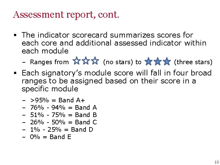 Assessment report, cont. § The indicator scorecard summarizes scores for each core and additional