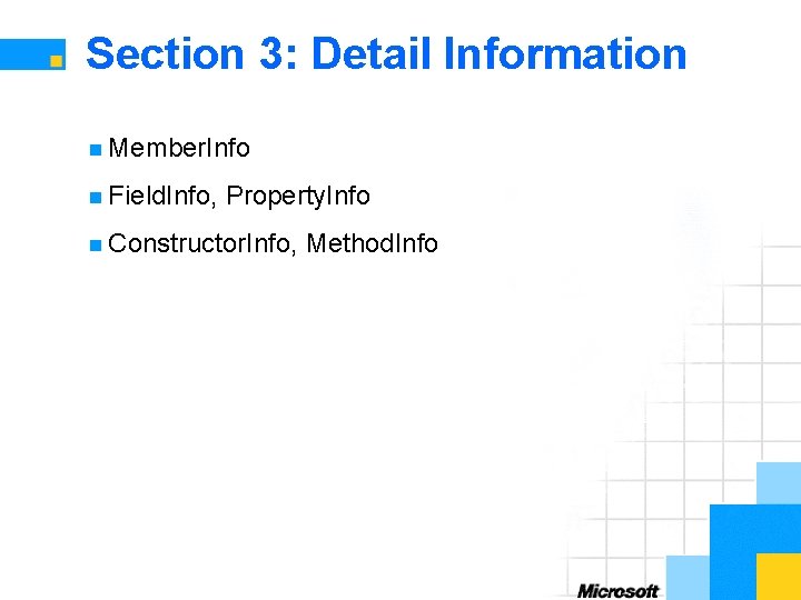 Section 3: Detail Information n Member. Info n Field. Info, Property. Info n Constructor.