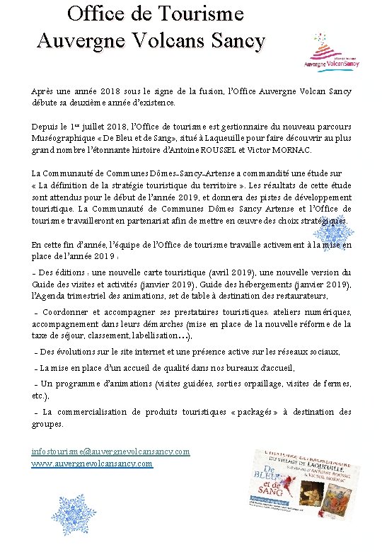Office de Tourisme Auvergne Volcans Sancy Après une année 2018 sous le signe de