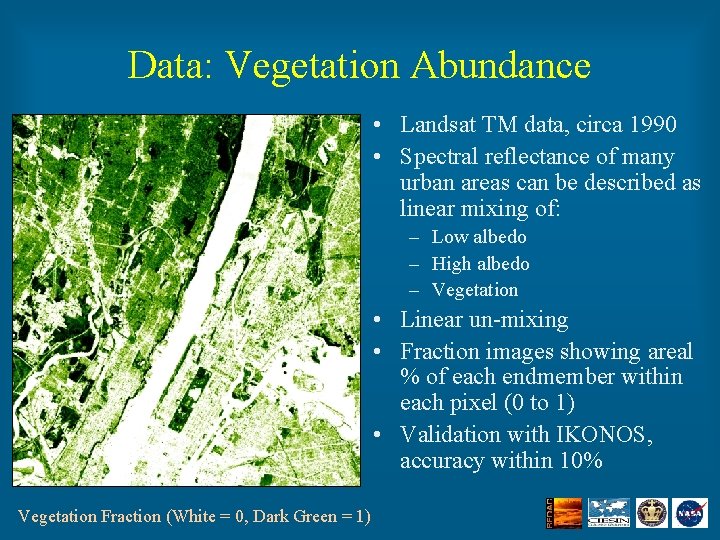 Data: Vegetation Abundance • Landsat TM data, circa 1990 • Spectral reflectance of many