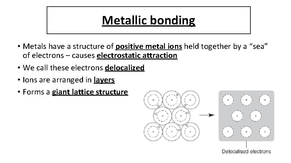 Metallic bonding • Metals have a structure of positive metal ions held together by