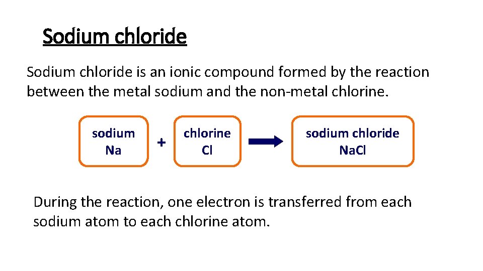 Sodium chloride is an ionic compound formed by the reaction between the metal sodium