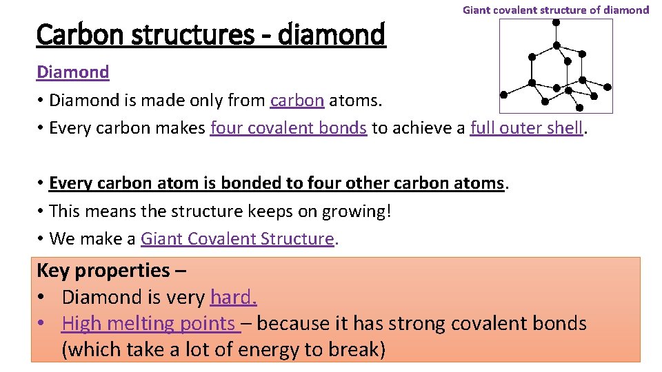 Carbon structures - diamond Giant covalent structure of diamond Diamond • Diamond is made