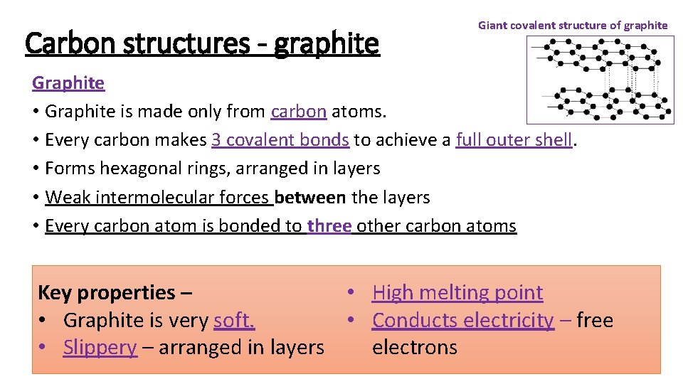 Carbon structures - graphite Giant covalent structure of graphite Graphite • Graphite is made