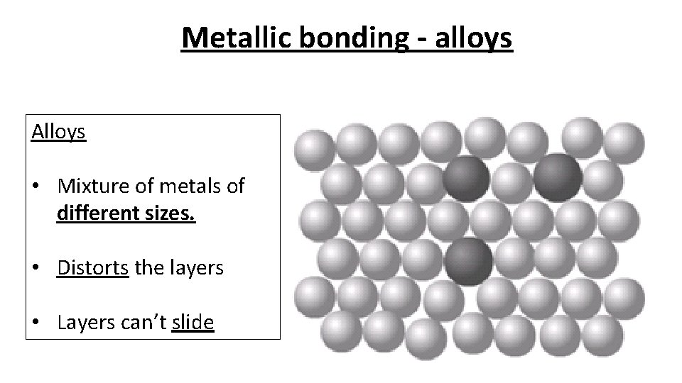 Metallic bonding - alloys Alloys • Mixture of metals of different sizes. • Distorts