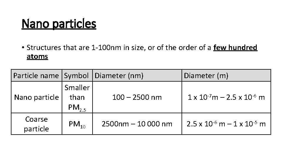 Nano particles • Structures that are 1 -100 nm in size, or of the