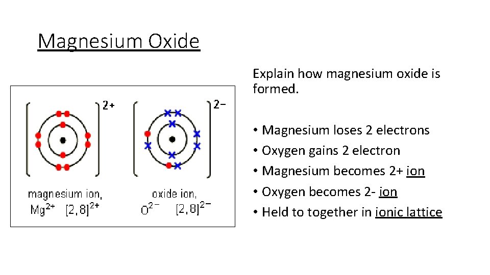 Magnesium Oxide Explain how magnesium oxide is formed. • Magnesium loses 2 electrons •