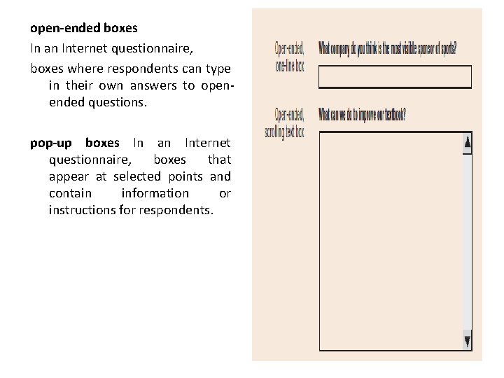 open-ended boxes In an Internet questionnaire, boxes where respondents can type in their own