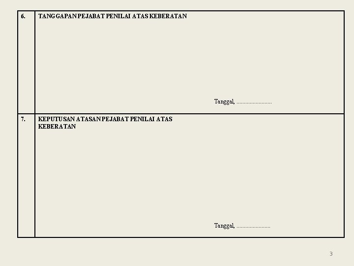 6. TANGGAPAN PEJABAT PENILAI ATAS KEBERATAN Tanggal, . . . 7. KEPUTUSAN ATASAN PEJABAT