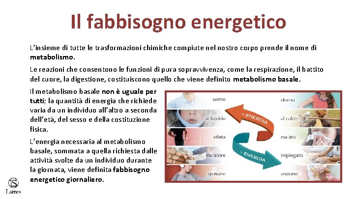 Il fabbisogno energetico L’insieme di tutte le trasformazioni chimiche compiute nel nostro corpo prende