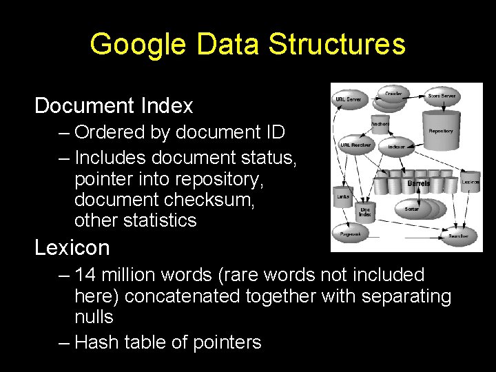 Google Data Structures Document Index – Ordered by document ID – Includes document status,